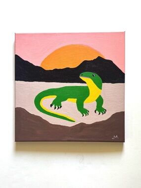 Green and Yellow Lizard Sunset painting on Canvas